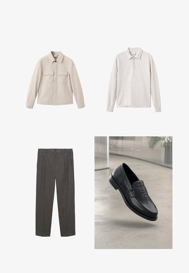 Beige takki pehmeästä kankaasta, jossa on pistemallinen kaulus, etuvetoketju ja kaksi rintataskua läpillä.; Vaaleanharmaa pitkähihainen polo-paita, jossa on kolme napinläpeä, ribbireunukset kauluksessa ja hihoissa, valmistettu pehmeästä kankaasta, jossa on sileä pinta.; Harmaat, räätälöidyt housut, jotka on valmistettu teksturoidusta kankaasta. Ominaisuuksiin kuuluu napituskitti, kaksi etutaskua ja suora lahkeiden malli.; Mustat nahkaiset loaferit, joissa on sileä pinta, kärjekäs kärki ja koristeellinen remmi jalkapöydän yli. Kevyt pohja, minimalistinen muotoilu.