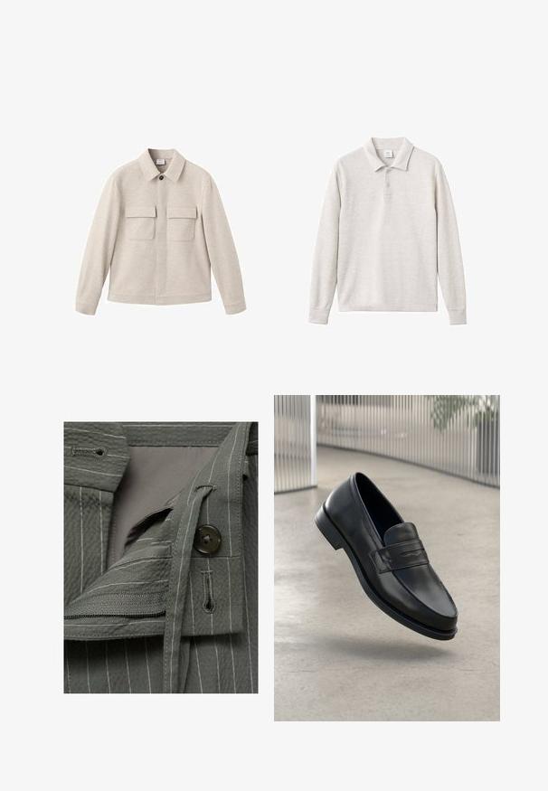 Béžová bunda z mäkkej látky s bodovým golierom, predným zipsom a dvoma náprsními vreckami so klapkami.; Svetlo šedá polo košeľa s dlhým rukávom, ktorá má trojitou gombíkovou légou, rebrovaný golier a manžety, vyrobená z mäkkej tkaniny s hladkou textúrou.; Šedá látka s vertikálnymi bielymi pruhmi, vybavená uzávery na gombík a zipsom na vrecku. Hladká textúra s vrstvenými dizajnovými prvkami.; Čierna kožená mokasína s hladkou textúrou, špicatou špičkou a ozdobným remienkom cez priehlavok. Ľahká podrážka, minimalistický dizajn.