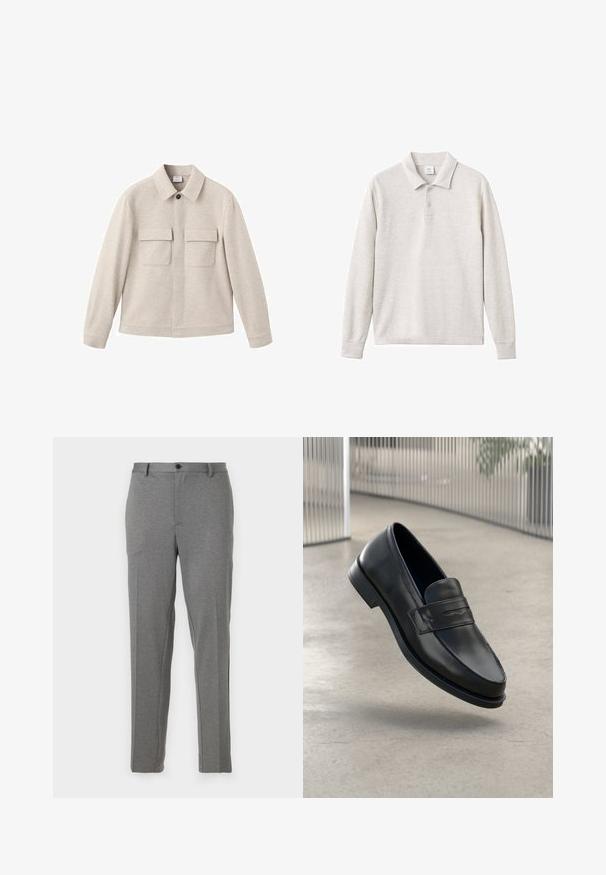 Beżowa kurtka z miękkiego materiału, z kołnierzem punktowym, z przodem na zamek błyskawiczny oraz dwoma kieszeniami na piersi z klapami.; Jasnoszara, długosleeve'owa koszulka polo z trzema guzikami, prążkowanym kołnierzykiem i mankietami, wykonana z miękkiego materiału o gładkiej fakturze.; Szare dopasowane spodnie o gładkiej fakturze, delikatnym wzorze, zapinane na zamek i guzik, z kieszeniami z przodu i zwężającymi się nogawkami.; Czarna skórzana wsuwana półbut, o gładkiej fakturze, spiczastym nosku i ozdobnym paskiem na podbiciu. Lekka podeszwa, minimalistyczny design.