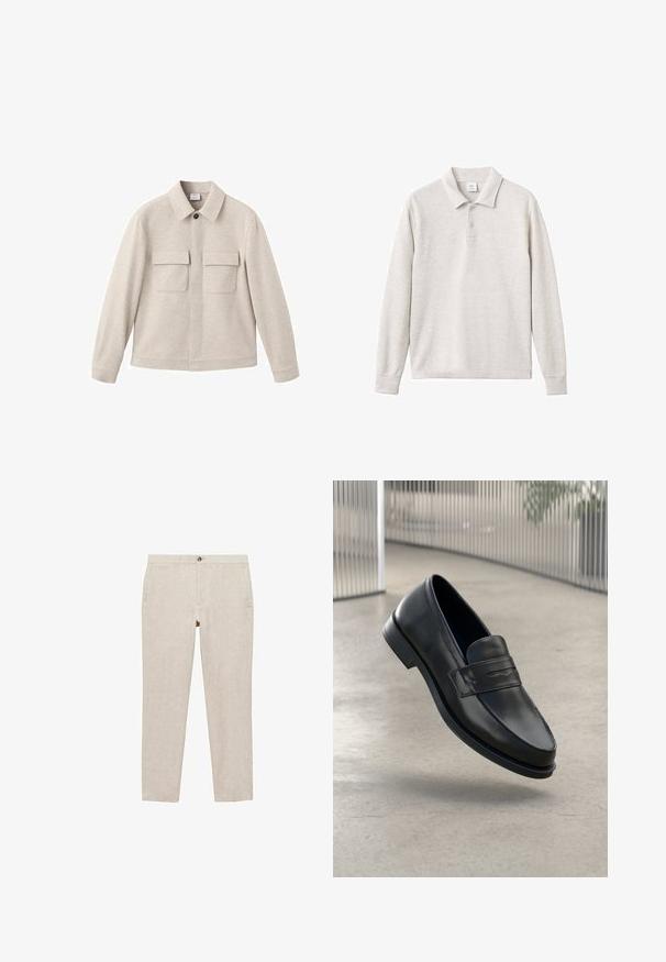 Beige jas van zacht materiaal, met een puntkraag, een rits aan de voorkant en twee borstzakken met kleppen.; Lichtgrijze lange mouwen polo shirt met een drievoudige knopenpat, geribbelde kraag en boorden, gemaakt van een zachte stof met een gladde textuur.; Beige linnen broeken met rechte benen, een drukknopsluiting aan de voorkant en twee zijzakken. Getextureerde stof met een subtiel geweven patroon.; Zwarte leren loafer met een gladde textuur, spitse neus en een decoratieve band over de wreef. Lichtgewicht zool, minimalistisch ontwerp.