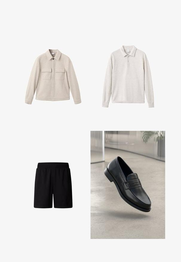 Beige jacka i mjukt tyg, med spettskål, framfåtthållning med dragkedja och två bröstfickor med lock.; Ljusgrå långärmad polotröja med treknapps knäppning, ribbad krage och muddar, tillverkad av ett mjukt tyg med en slät yta.; Svarta sportshorts med resårmidja. Tillverkade av mjukt, lättviktigt tyg med en slät yta och utan synliga mönster eller dekorationer.; Svart lädersko med slät struktur, spetsig tå och en dekorativ rem över fotryggen. Lätt sula, minimalistisk design.