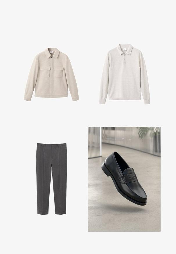 Beige jacket made of soft fabric, featuring a point collar, front zip closure, and two chest pockets with flaps.; Light gray long-sleeve polo shirt with three-button placket, ribbed collar and cuffs, made from a soft fabric with a smooth texture.; Dark gray tailored trousers with belt loops, button closure, front crease, and cuffed hems, displayed flat against white background.; Black leather loafer with smooth texture, pointed toe, and a decorative strap across the instep. Lightweight sole, minimal design.