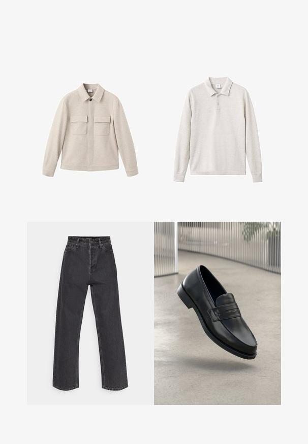 Béžová bunda z mäkkej látky s bodovým golierom, predným zipsom a dvoma náprsními vreckami so klapkami.; Svetlo šedá polo košeľa s dlhým rukávom, ktorá má trojitou gombíkovou légou, rebrovaný golier a manžety, vyrobená z mäkkej tkaniny s hladkou textúrou.; Džíny s vysokým pásom a rovno strihanými nohavicami v tmavošedej denimovej farbe, s klasickým päťvreckovým dizajnom a kontrastným stehom na švoch.; Čierna kožená mokasína s hladkou textúrou, špicatou špičkou a ozdobným remienkom cez priehlavok. Ľahká podrážka, minimalistický dizajn.