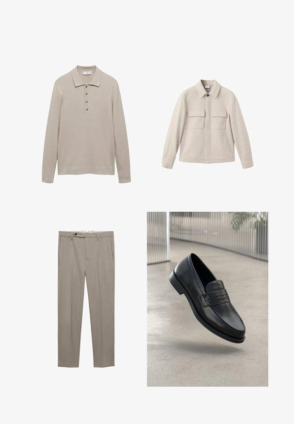 Bež jakna od mekog materijala, s oštrim ovratnikom, prednjim zatvaračem na zip i dva džepa na prsima s preklopima.; Dugi rukav bež polo pulover od rebrastog materijala, sa ovratnikom i kopčanjem na pet dugmadi smeškanim dugmicama.; Bežne krojene hlače od glatkog materijala, ravnog kroja, s jednim prednjim kopčanjem na tipku. Imaju bočne džepove i čiste rubove.; Crni kožni loafer glatke teksture, špicastog vrha i ukrasnim remenom preko gornjeg dijela stopala. Lagani potplat, minimalistički dizajn.