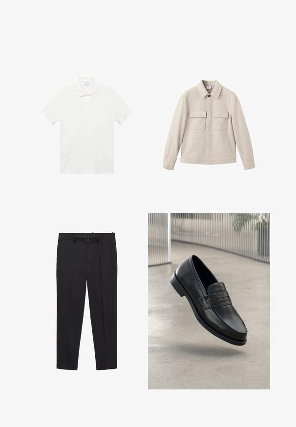 Beige takki pehmeästä kankaasta, jossa on pistemallinen kaulus, etuvetoketju ja kaksi rintataskua läpillä.; Valkoinen polo-paita, joka on valmistettu sileästä puuvillakankaasta. Paita on varustettu klassisella kauluksella, kolmella napilla ja lyhyillä hihoilla. Ilman kuvioita tai lisäkoristeita.; Musta räätälöity housut, jotka on valmistettu sileästä kankaasta, ja niissä on litteä etuosa, vyölenkit ja sivutaskut. Suora lahjemuoto.; Mustat nahkaiset loaferit, joissa on sileä pinta, kärjekäs kärki ja koristeellinen remmi jalkapöydän yli. Kevyt pohja, minimalistinen muotoilu.