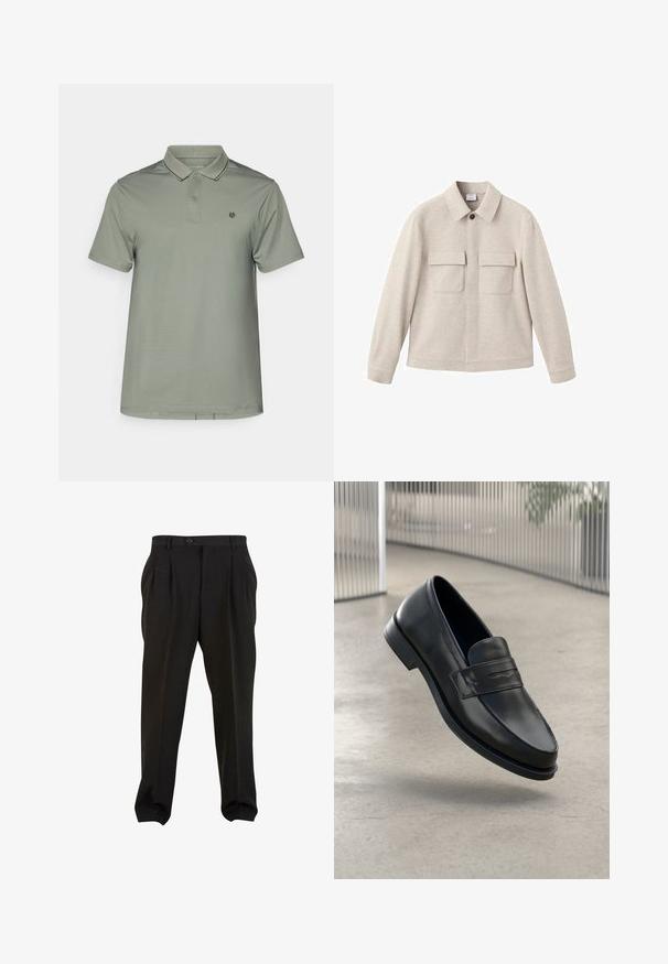 Beige jacka i mjukt tyg, med spettskål, framfåtthållning med dragkedja och två bröstfickor med lock.; Kortärmad pikétröja i olivgrön, tillverkad av bomullsblandning. Har en treknapps knäppning och en liten logotyp på vänster bröst.; Svarta byxor i en slät tygkvalitet, med framfickor, en knapp i midjan och avsmalnande ankleder. Klassisk skräddarsydd silhuett.; Svart lädersko med slät struktur, spetsig tå och en dekorativ rem över fotryggen. Lätt sula, minimalistisk design.