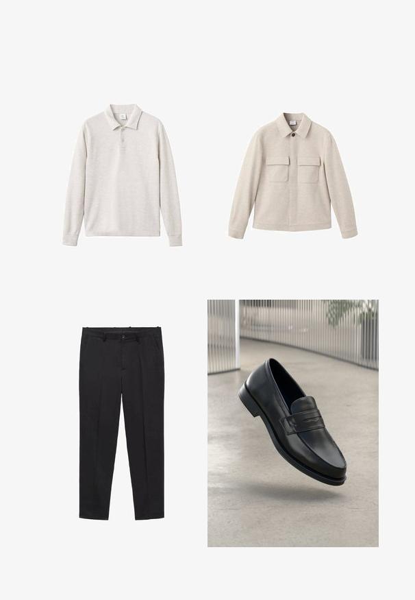 Béžová bunda z mäkkej látky s bodovým golierom, predným zipsom a dvoma náprsními vreckami so klapkami.; Svetlo šedá polo košeľa s dlhým rukávom, ktorá má trojitou gombíkovou légou, rebrovaný golier a manžety, vyrobená z mäkkej tkaniny s hladkou textúrou.; Čierne prispôsobené nohavice zo hladkej tkaniny, s plochým predkom, pútkami na opasok a bočnými vreckami. Nohavice rovného strihu.; Čierna kožená mokasína s hladkou textúrou, špicatou špičkou a ozdobným remienkom cez priehlavok. Ľahká podrážka, minimalistický dizajn.
