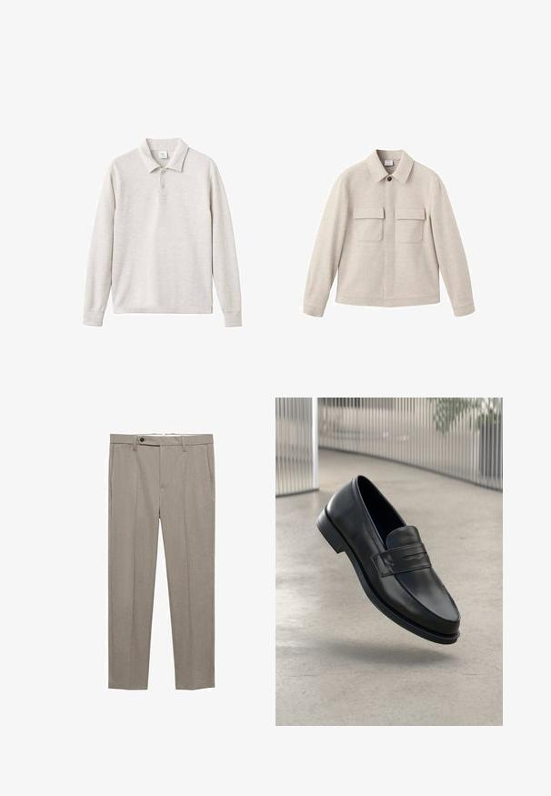 Beżowa kurtka z miękkiego materiału, z kołnierzem punktowym, z przodem na zamek błyskawiczny oraz dwoma kieszeniami na piersi z klapami.; Jasnoszara, długosleeve'owa koszulka polo z trzema guzikami, prążkowanym kołnierzykiem i mankietami, wykonana z miękkiego materiału o gładkiej fakturze.; Beżowe dopasowane spodnie o gładkiej fakturze, prostym kroju i pojedynczym zapięciem na guzik z przodu. Posiadają kieszenie boczne i czysty dół.; Czarna skórzana wsuwana półbut, o gładkiej fakturze, spiczastym nosku i ozdobnym paskiem na podbiciu. Lekka podeszwa, minimalistyczny design.