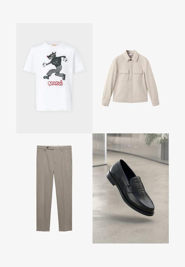 Beige takki pehmeästä kankaasta, jossa on pistemallinen kaulus, etuvetoketju ja kaksi rintataskua läpillä.; Valkoinen puuvillainen T-paita, jossa musta sarjakuvatiikerin kuva ja punainen "MARNI"-teksti edessä. Lyhyet hihat ja pyöreä pääntie.; Beige-harmaanit, joissa on sileä rakenne, suora istuvuus ja yksi nappisulku edessä. Varustettu sivutaskuilla ja siistillä helman viimeistelyllä.; Mustat nahkaiset loaferit, joissa on sileä pinta, kärjekäs kärki ja koristeellinen remmi jalkapöydän yli. Kevyt pohja, minimalistinen muotoilu.