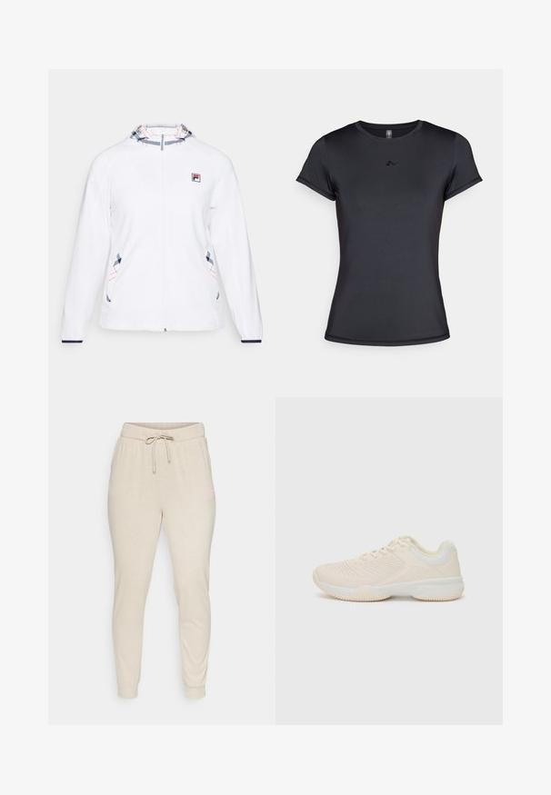 Bijela jakna s punim zipom, koja ima kapu s uzorkom u plavoj i crvenoj boji. Uključuje logo na prsima i dekorativne šavne detalje sa strane.; Crna majica kratkih rukava izrađena od glatkog, prozračnog materijala s minimalnim dizajnom loga sprijeda. Klasični okrugli izrez.; Beige trenirke od mekog materijala, sa elastičnim pojasom i užeom za zatezanje, te rebrastim manžetama. Mali detalj ružičastog loga sa strane.; Svijetlo bež atletska cipela s teksturiranim gornjim dijelom, kontrastnim bijelim detaljima, okruglim vrhom i fleksibilnom gumenenom potplatu.