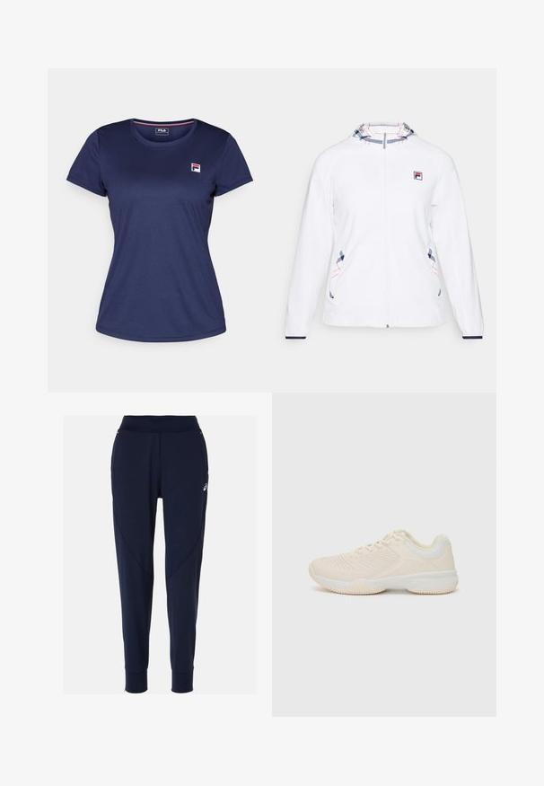 Bílá bunda s plným zipem, se vzorovanou kapucí v modré a červené barvě. Obsahuje logo na hrudi a dekorativní švy po stranách.; Námořnická modrá trička s krátkým rukávem vyrobená z hladké tkaniny, s malým logem Fila na levé hrudi. Klasický kulatý výstřih a klasický střih.; Námořnické modré sportovní kalhoty s upnutým pasem, zúženými nohavicemi a postranními panely; vyrobené z flexibilního a prodyšného materiálu.; Svetle béžová sportovní bota s texturovaným svrškem, kontrastními bílými akcenty, kulatou špičkou a flexibilní gumovou podrážkou.