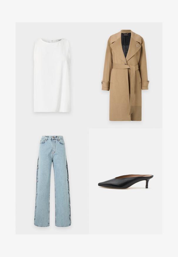 Tan wollen trenchcoat met een notch-kraag, een ceintuur in de taille en knoopmanchetten. Heeft een gewatteerde zwarte binnenkant en een logodetail.; Mouwloos wit topje van zachte stof, met een ronde halslijn en een rechte snit met een sluiting aan de achterkant. Eenvoudig en minimalistisch ontwerp.; Lichtblauwe denim wijde jeans met side knopen en een hoge taille, voorzien van een klassieke vijf-pocketontwerp en gestikte naden.; Zwarte leren muiltjes met een puntige neus en een lage, blokhak. Glad oppervlak met een gestroomlijnd ontwerp. Open achterkant met minimale details.