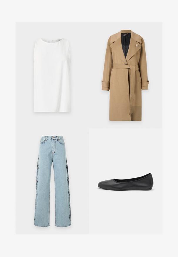 Palton din lână bej cu guler ciupit, talie îndesată și mansete cu nasturi. Prezintă un interior quilted negru și un detaliu cu logo.; Top alb fără mânecă, fabricat dintr-un material neted, cu decolteu rotund și croială dreaptă, având închidere la spate. Design simplu și minimalist.; Jeanși evazați din denim de culoare albastru deschis, cu detalii cu nasturi pe laterale și talie înaltă, având un design clasic cu cinci buzunare și cusături.; Balerini din piele neagră, cu vârf rotund, textură netedă, detalii de cusătură minimale și un design al tălpii flexibil.