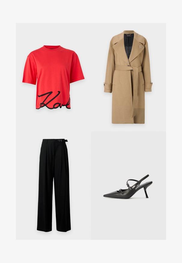 Barna gyapjúblend trench kabát, kivágott gallérral, övvel ellátott derékkal és gombos mandzsettával. Bélelt fekete belső résszel és logó részlettel rendelkezik.; Piros pamut póló rövid ujjal, amelynek alján fekete, írásos logó dizájn található. Egyszerű kerek nyakkivágás.; Fekete, bő szárú nadrág magas derékkal, elöl pliszírozva, és csattal ellátott övvel. Simább, könnyű anyagból készült.; Fekete bőrszíjjal ellátott magassarkú cipő, hegyes orral, karcsú sarkával és díszes csattal a vamp részén. Simás textúra és elegáns dizájn.