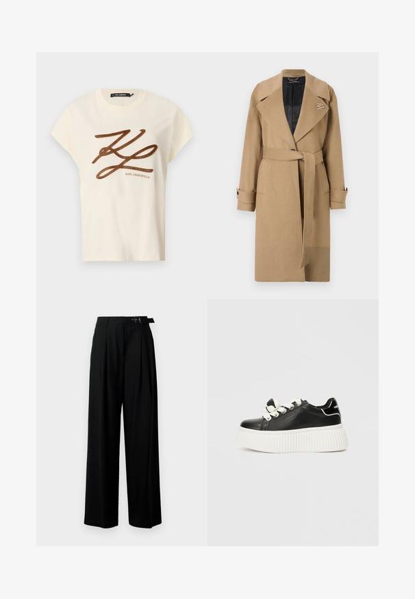 Tan villasekoitteinen trench-takki, jossa on lovettu kaulus, vyötäröltä säädettävä vyö ja napitetut hihansuut. Takissa on musta tikattu vuori ja logo-yksityiskohta.; Kermanvärinen puuvillapaita, jossa on lyhyet hihat. Edessä on ruskea brodeerattu logo ja kirjoitussuunnittelu.; Mustat leveät housut korkealla vyötäröllä, etuosassa laskokset ja soljellinen vyö. Valmistettu sileästä ja kevyestä kankaasta.; Mustat nahkasneakerit paksulla valkoisella urheilupohjalla, joissa on valkoiset nauhat ja koristeellinen nauhaakkina kielessä.