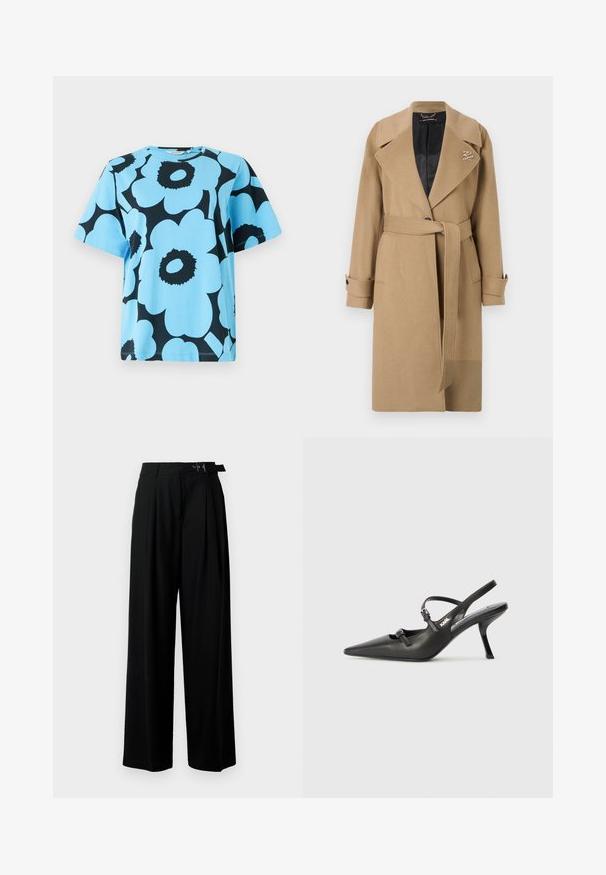 Barna gyapjúblend trench kabát, kivágott gallérral, övvel ellátott derékkal és gombos mandzsettával. Bélelt fekete belső résszel és logó részlettel rendelkezik.; Kék pamut póló merész fekete virágmintával. Rövid ujjú és kerek nyakú, laza fazonú. Tartós anyag.; Fekete, bő szárú nadrág magas derékkal, elöl pliszírozva, és csattal ellátott övvel. Simább, könnyű anyagból készült.; Fekete bőrszíjjal ellátott magassarkú cipő, hegyes orral, karcsú sarkával és díszes csattal a vamp részén. Simás textúra és elegáns dizájn.