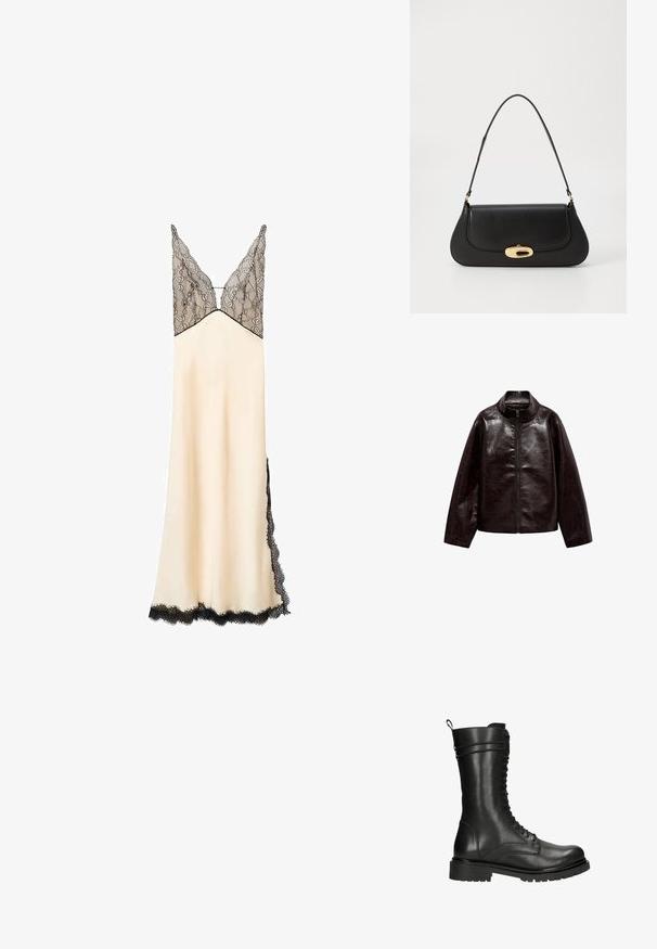 Hnědá koženka s vysokým límcem, plným zipem a hladkým, lesklým povrchem. Má uvolněný střih a dlouhé rukávy.; Satinová noční košile v krémové barvě s černou krajkovou částí a lemy. V- výstřih a nastavitelné ramínka. Po kotníky s krajkovými detaily po stranách.; Černé kožené bojové boty s vysokým svrškem, šněrováním na přední straně a texturovaným povrchem. Vyznačují se robustní gumovou podrážkou a poutkem pro snadné obutí.; Černá kožená kabelka s zakřiveným designem, zlatými akcenty a horním uchem. Vybavena elegantním zavíráním a hladkým povrchem.