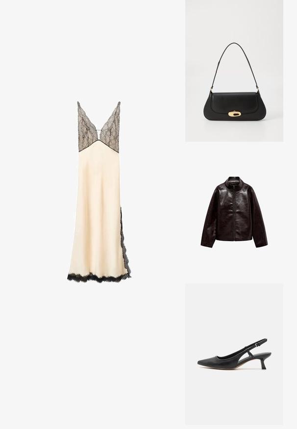Brun faux læderjakke med høj krave, fuld lynlås lukning og en glat, blank overflade. Har en afslappet pasform og lange ærmer.; Satin natkjole i creme med en sort blonderabat og kant. V-udskæring og justerbare stropper. Gulvlængde med sidelæns blonderdetaljer.; Sort læder slingback-sko med spidse tæer, lav blokhæle, udskårne sidedele og justerbar ankelrem. Glat tekstur hele vejen igennem.; Sort læderhåndtaske med et buet design, guldfarvet hardware og en øverste håndtag. Har en strømlinet lukning og en glat tekstur.