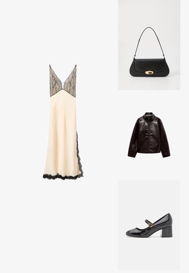 Veste en simili cuir brun avec un col montant, fermeture éclair intégrale et une texture lisse et brillante. Caractéristiques : coupe décontractée et manches longues.; Nuisette en satin crème avec un corsage en dentelle noire et des bordures en dentelle. Décolleté en V et bretelles ajustables. Longue jusqu'au sol avec des détails en dentelle sur les côtés.; Stuart Weitzman STUART - Escarpins - black; Sac à main en cuir noir avec un design incurvé, matériel doré et une poignée sur le dessus. Présente une fermeture élégante et une texture lisse.