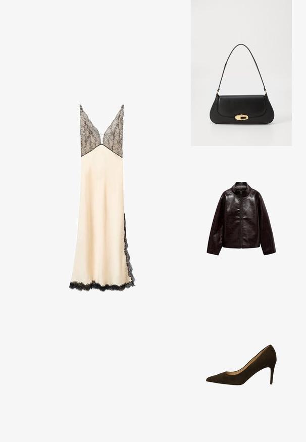 Brązowa kurtka z sztucznej skóry z wysokim kołnierzem, pełnym zamkiem błyskawicznym i gładką, błyszczącą teksturą. Posiada luźny krój i długie rękawy.; Suknia nocna z satyny w kolorze kremowym z koronkową górą i wykończeniem w kolorze czarnym. Dekolt w kształcie litery V i regulowane ramiączka. Długość do podłogi, z koronkowym detalem po bokach.; Brązowe zamszowe szpilki z wąskim czubkiem, gładką teksturą i smukłą obcasem typu stiletto. Prosty design bez widocznych elementów hardware.; Czarna skórzana torebka o zaokrąglonym kształcie, z metalowymi elementami w kolorze złotym i górnym uchwytem. Posiada eleganckie zapięcie i gładką fakturę.