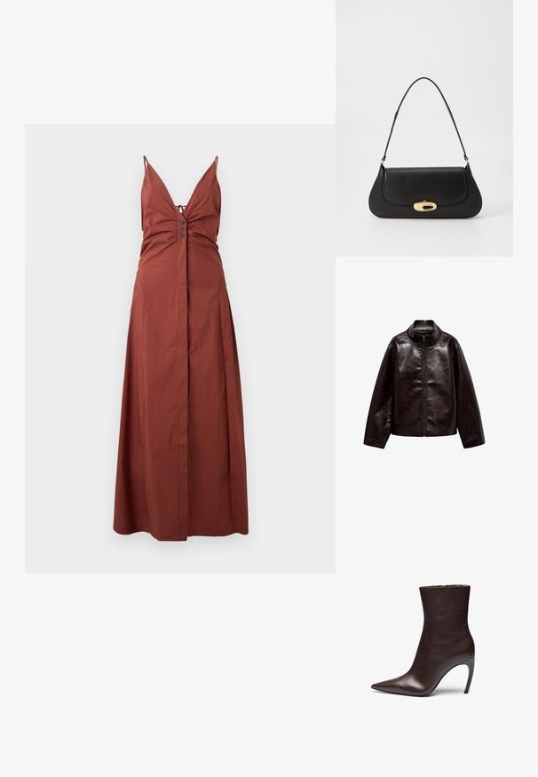 Brun faux læderjakke med høj krave, fuld lynlås lukning og en glat, blank overflade. Har en afslappet pasform og lange ærmer.; Rustfarvet maxikjole med dyb V-udskæring, justerbare spaghetti-stropper, en rucheret overdel og knapdetaljer foran. Glat stof.; Brun læder ankelstøvle med spids tå, slank silhuet og højt stiletto-hæl. Har en glat overflade og minimalistisk design.; Sort læderhåndtaske med et buet design, guldfarvet hardware og en øverste håndtag. Har en strømlinet lukning og en glat tekstur.