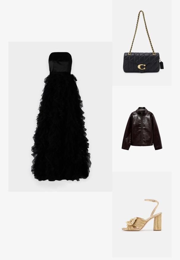 Ruskea tekonahkajakki korkealla kauluksella, täyspitkällä vetoketjulla ja sileällä, kiiltävällä pinnalla. Ominaisuuksiin kuuluu rento istuvuus ja pitkät hihat.; Ida Sjöstedt FRANCES GOWN - Iltapuku - black; Kultaiset korot sandaalit, joissa on solmittu etuosa, laskostettu pinta ja nilkkaremmi. Paksu korko on uritettu, mikä parantaa pitoa.; Mustat vuoratut käsilaukku kultaketjuhihnalla, jossa on erottuva kultainen solki ja pieni tarkkuustagi, ja joka esittelee tekstuurillista nahkapintaa.