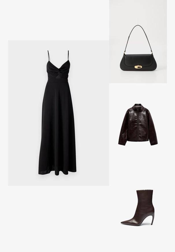 Rjava jakna iz umetnega usnja z visokim ovratnikom, popolnim zadrgo in gladko, sijočo teksturo. Ima sproščen kroj in dolge rokave.; Črna maxi obleka z oprijetim trupom, zasukom na prsih, tankimi naramnicami in široko krilo. Narejena iz mehkega, lahkega materiala.; Rjave usnjene gležnjarje s koničastim nosom, vitko silhueto in visokim stiletto peto. Imajo gladko teksturo in minimalističen dizajn.; Črna usnjena torba s ukrivljeno zasnovo, z zlatimi dodatki in zgornjim ročajem. Ima eleganten zapirni mehanizem in gladko teksturo.