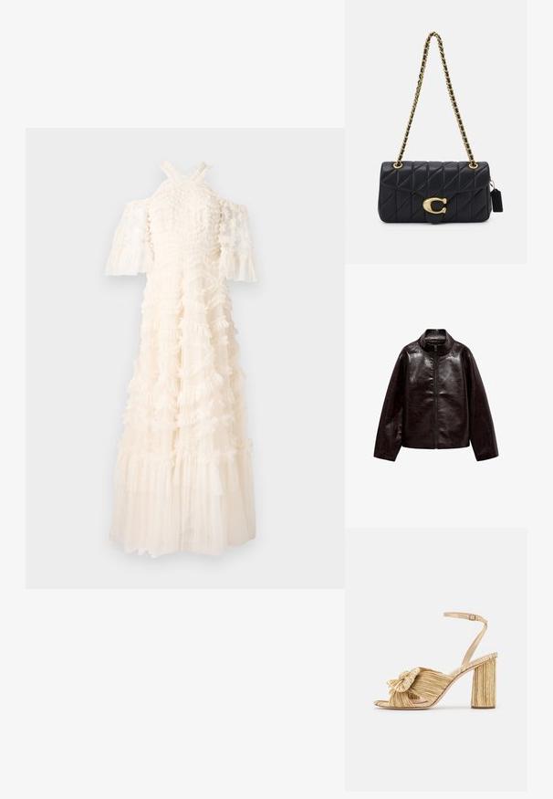 Ruskea tekonahkajakki korkealla kauluksella, täyspitkällä vetoketjulla ja sileällä, kiiltävällä pinnalla. Ominaisuuksiin kuuluu rento istuvuus ja pitkät hihat.; Valkoinen mekko, jossa on frillaista kangasta, olkapäiltä paljastavat hihat ja virtaava hame. Teksturoitu muotoilu kerroksilla ja läpinäkyvillä elementeillä.; Kultaiset korot sandaalit, joissa on solmittu etuosa, laskostettu pinta ja nilkkaremmi. Paksu korko on uritettu, mikä parantaa pitoa.; Mustat vuoratut käsilaukku kultaketjuhihnalla, jossa on erottuva kultainen solki ja pieni tarkkuustagi, ja joka esittelee tekstuurillista nahkapintaa.