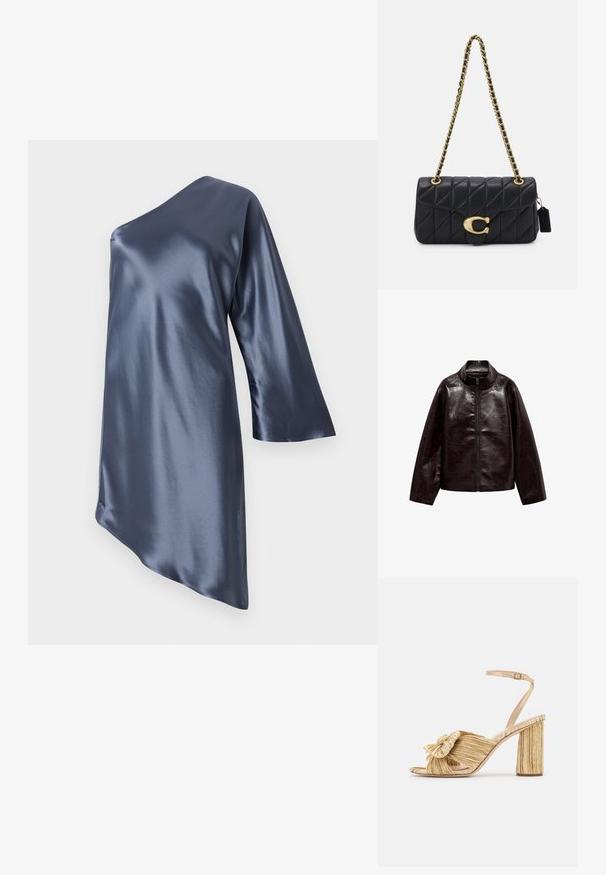 Ruskea tekonahkajakki korkealla kauluksella, täyspitkällä vetoketjulla ja sileällä, kiiltävällä pinnalla. Ominaisuuksiin kuuluu rento istuvuus ja pitkät hihat.; Asymmetrinen satiini mekko tummansinisenä, jossa on yksi pitkä hiha ja sileä, kiiltävä pinta, sekä vino helma.; Kultaiset korot sandaalit, joissa on solmittu etuosa, laskostettu pinta ja nilkkaremmi. Paksu korko on uritettu, mikä parantaa pitoa.; Mustat vuoratut käsilaukku kultaketjuhihnalla, jossa on erottuva kultainen solki ja pieni tarkkuustagi, ja joka esittelee tekstuurillista nahkapintaa.