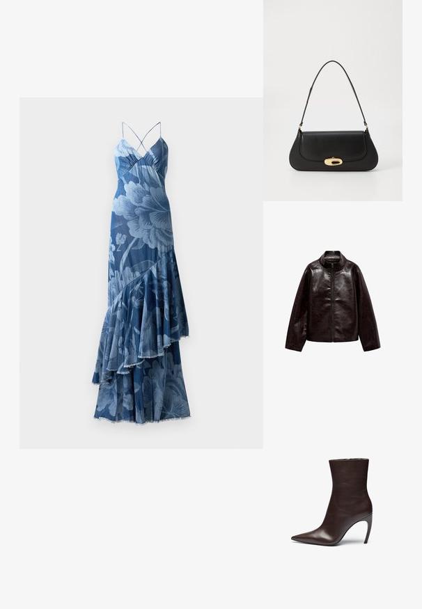 Smeđa jakna od umjetne kože s visokim ovratnikom, punim zatvaračem i glatkom, sjajnom teksturom. Ima slobodan kroj i duge rukave.; Plava cvjetna haljina s višeslojnim volanom, trakama za rame i strukturiranom površinom. Ima odvažan cvjetni uzorak i rastrgane rubove.; Smešani kožni gležnjača smeđe boje s oštrim vrhom, vitkom siluetom i visokim štiklama. Ima glatku teksturu i minimalistički dizajn.; Crna kožna torba s zakrivljenim dizajnom, zlatnim detaljima i gornjom drškom. Ima elegantno zatvaranje i glatku teksturu.