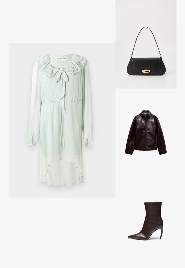 Jachetă din piele ecologică maro cu guler înalt, închidere cu fermoar complet și o textură netedă, lucioasă. Are un croi relaxat și mâneci lungi.; Rochie verde mentă dintr-un material ușor. Prezintă un decolteu volanat, mâneci lungi cu manșete pliate și un design cu margine înaltă-la-jos.; Botină din piele maro, cu vârf ascuțit, siluetă subțire și toc stiletto înalt. Are o textură netedă și un design minimalist.; Geantă de mână din piele neagră, cu un design curbat, accesorii de culoare aurie și un mâner de sus. Dispune de o închidere elegantă și o textură netedă.