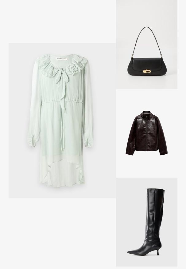 Brun konstläderjacka med hög krage, hel dragkedjestängning och en jämn, glänsande textur. Har avslappnad passform och långa ärmar.; Mintgrön klänning i lätt tyg. Har en volangkant vid halsen, långa ärmar med samlade manschetter och en hög-låg fålldesign.; Svart läderknähigh boot med spetsig tå och smal, böjd klack. Slät textur, åtsittande design och ingen synlig hårdvara eller mönster.; Svart läderhandväska med en böjd design, hårdvara i guldton, och ett handtag ovanpå. Har en snygg stängning och en mjuk yta.
