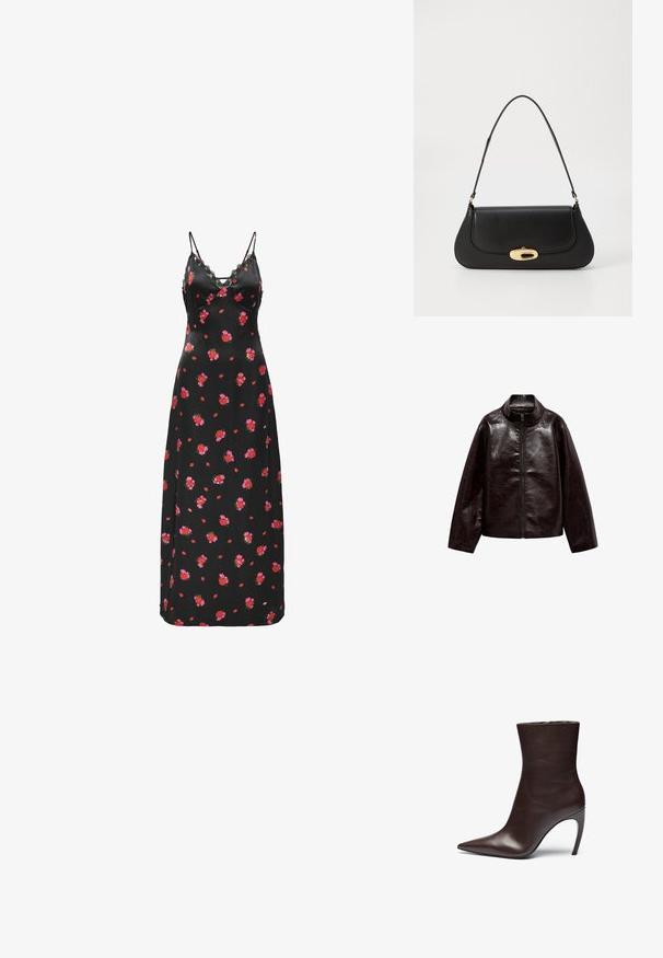 Giacca in finta pelle marrone con colletto alto, chiusura con cerniera completa e una superficie liscia e lucida. Presenta una vestibilità comoda e maniche lunghe.; Abito lungo nero a fiori con sottili spalline a spaghetti e dettagli in pizzo. Presenta motivi di fiori rossi e rosa sparsi su un tessuto liscio.; Stivale alla caviglia in pelle marrone con punta affusolata, silhouette slanciata e tacco a stiletto alto. Presenta una texture liscia e un design minimalista.; Borsa a tracolla in pelle nera con design curvo, hardware color oro e manico superiore. Caratterizzata da una chiusura elegante e una superficie liscia.