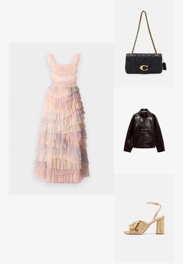 Bruine neplederen jas met een hoge kraag, volledige ritsluiting en een gladde, glanzende textuur. Beschikt over een ontspannen pasvorm en lange mouwen.; Gelaagde maxi-jurk met zachte tinten roze, crème en lila tule ruffles, textiel met structuur en een ronde halslijn.; Gouden sandalen met hakken, voorzien van een geknoopte voorkant, gegolfde textuur en een enkelriem. De blokhak heeft een ribbelontwerp, wat de grip verbetert.; Zwarte, gequiltte handtas met een gouden kettingband, uitgerust met een onderscheidende gouden sluiting en een klein label, die een gestructureerde leren oppervlakte toont.