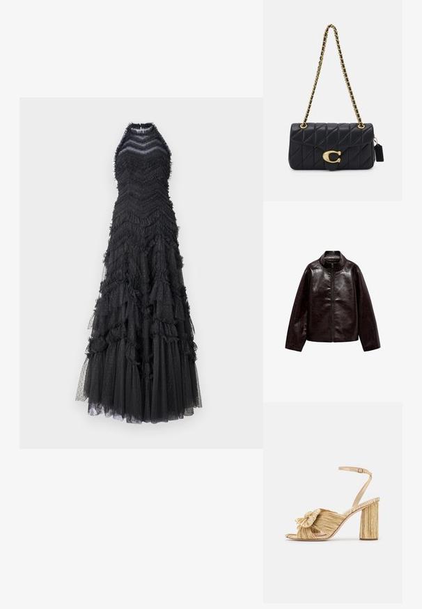 Hnedá umelá kožená bunda s vysokým golierom, plným zipsom a hladkou, lesklou textúrou. Má uvoľnený strih a dlhé rukávy.; Needle & Thread ELIA HALTER NECK GOWN - Oblečenie na špeciálnu príležitosť - graphite; Zlaté sandále na podpätku s uzlom vpredu, s plisovanou štruktúrou a remienkom okolo členka. Blokový podpätok má ryhovaný dizajn, čo zlepšuje priľnavosť.; Čierna prešívaná kabelka so zlatým reťazovým popruhom, ktorá má výrazný zlatý uzáver a malú nášivku, s textúrovaným koženým povrchom.