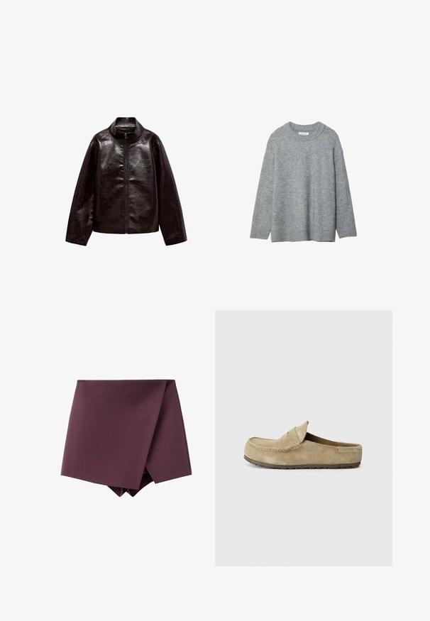 Hnědá koženka s vysokým límcem, plným zipem a hladkým, lesklým povrchem. Má uvolněný střih a dlouhé rukávy.; Šedý pletený svetr s kulatým výstřihem, spadlými rameny a žebrovanými manžetami. Měkká textura a volný střih. Bez vzorů nebo akcentů.; Tmavě fialová asymetrická mini sukně s designem překrývání a hladkým povrchem.; Birkenstock NAPLES WRAPPED LEVE TAUPEN - REGULAR - Pantofle - taupe