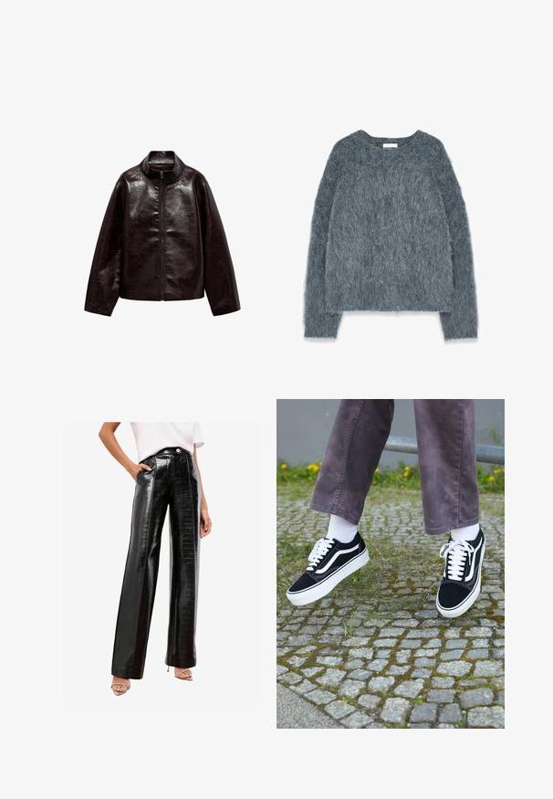 Brązowa kurtka z sztucznej skóry z wysokim kołnierzem, pełnym zamkiem błyskawicznym i gładką, błyszczącą teksturą. Posiada luźny krój i długie rękawy.; Teksturowany szary sweter o luźnym kroju, z długimi rękawami i szerokim dekoltem. Miękki, puszysty materiał z delikatnym połyskiem. Brak wyraźnych wzorów lub akcentów.; Czarne spodnie z wysokim stanem, wykonane z błyszczącej sztucznej skóry, z wzorem w krokodyle, bocznymi kieszeniami oraz prostymi nogawkami.; Czarne zamszowe trampki z białymi akcentami, z zaokrąglonym noskiem, grubą białą podeszwą i klasycznym sznurowaniem, noszone z białymi skarpetami i fioletowymi spodniami.
