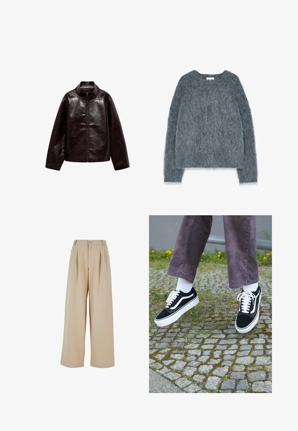 Braune Kunstlederjacke mit hohem Kragen, durchgehendem Reißverschluss und einer glatten, glänzenden Oberfläche. Hat einen lässigen Schnitt und lange Ärmel.; Strickpullover in Grau mit lockerer Passform, langen Ärmeln und weitem Halsausschnitt. Weiches, flauschiges Material mit leichtem Glanz. Keine auffälligen Muster oder Akzente.; Beige weit geschnittene Hosen mit gefaltetem Vorderteil, Knopfverschluss und glatter Textur. Verfügt über einen taillierten Bund und seitliche Taschen.; Schwarze Wildleder-Sneaker mit weißen Akzenten, runder Zehenform, dicker weißer Sohle und klassischem Schnürdesign, getragen mit weißen Socken und lila Hose.