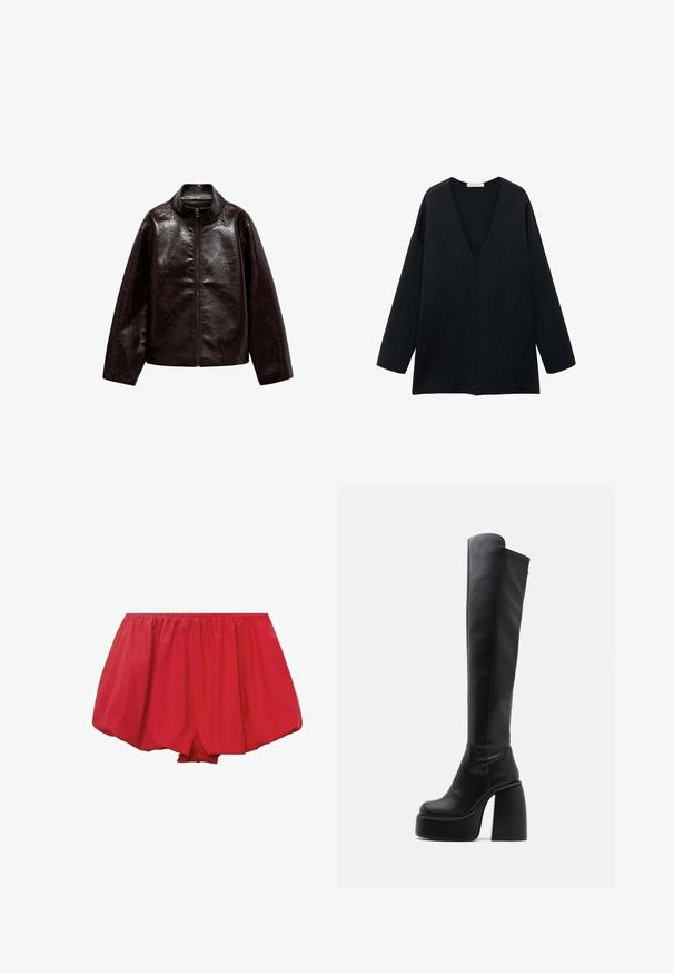 Brun konstläderjacka med hög krage, hel dragkedjestängning och en jämn, glänsande textur. Har avslappnad passform och långa ärmar.; Svart, löst sittande V-ringad topp med långa ärmar, gjord av mjukt tyg. Enkel design med rak fåll och inga distinkta mönster eller accenter.; Röda, lätta shorts med elastisk midja. De har en lös, utsvängd design och veckat tyg för en avslappnad passform.; Buffalo HEART STRETCH BOOT - Platåstövlar - black