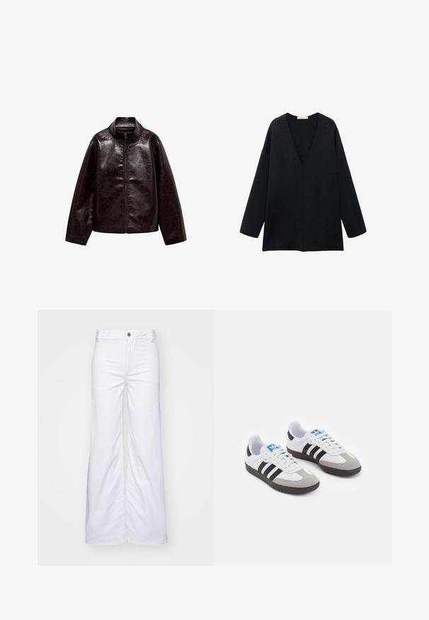 Jachetă din piele ecologică maro cu guler înalt, închidere cu fermoar complet și o textură netedă, lucioasă. Are un croi relaxat și mâneci lungi.; Top negru, lejer, cu decolteu în V și mâneci lungi, fabricat dintr-un material moale. Design simplu, cu tiv drept și fără modele sau accente distincte.; Pantaloni albi cu picior larg din denimul, având închidere cu nasture și curea. Textură netedă, cu cusături curate și fără modele.; Încălțăminte sport cu un superior din piele albă, vârf din suede gri și trei dungi negre. Prezintă un logo albastru pe limbă și o talpă din cauciuc texturat.