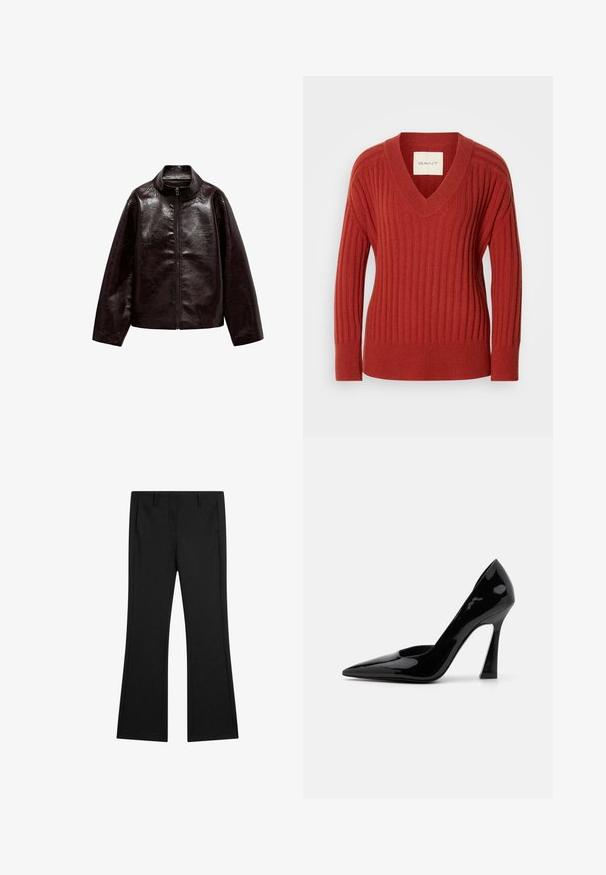 Giacca in finta pelle marrone con colletto alto, chiusura con cerniera completa e una superficie liscia e lucida. Presenta una vestibilità comoda e maniche lunghe.; Maglione rosso a coste con scollatura a V, maniche lunghe e vita aderente. Realizzato in un materiale morbido e testurizzato. Etichetta visibile all'interno della scollatura.; Pantaloni neri svasati realizzati in tessuto liscio, con tasche anteriori e una vestibilità su misura, dotati di pieghe stiro per un aspetto curato.; Décolleté nera in vernice con tacco a spillo angolare e punta affusolata, caratterizzata da una texture liscia e lucida.