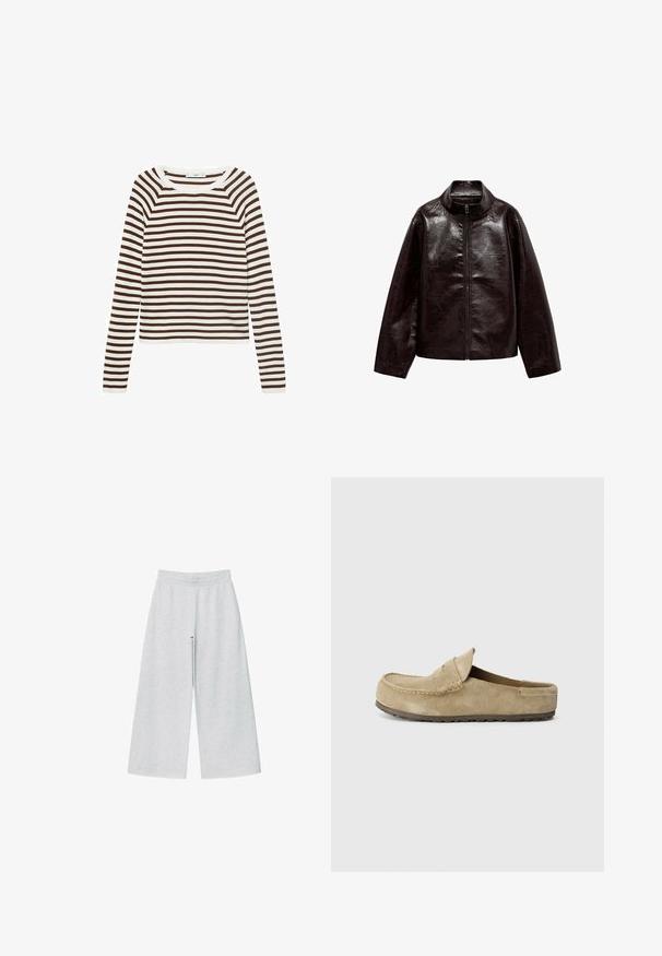 Bruine neplederen jas met een hoge kraag, volledige ritsluiting en een gladde, glanzende textuur. Beschikt over een ontspannen pasvorm en lange mouwen.; T-shirt met lange mouwen met horizontale strepen in bruin en wit, gemaakt van zachte stof met een ronde hals en een aansluitend ontwerp.; Lichtgrijze wijde broek van zacht materiaal met een elastische tailleband. Het ontwerp heeft een losse pasvorm voor comfort en bewegingsvrijheid.; Birkenstock NAPLES WRAPPED LEVE TAUPEN - REGULAR - Muiltjes - taupe