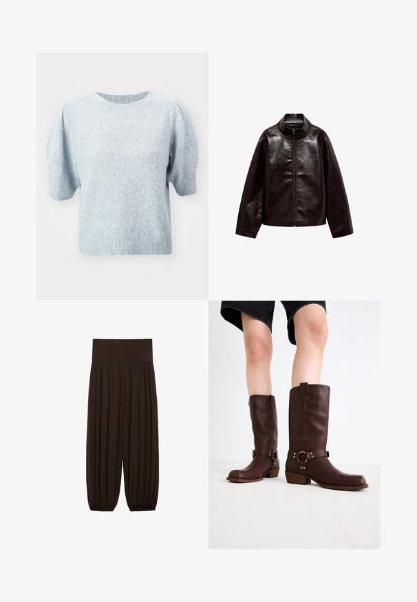 Hnedá umelá kožená bunda s vysokým golierom, plným zipsom a hladkou, lesklou textúrou. Má uvoľnený strih a dlhé rukávy.; ONLY ONLRICA LIFE PULLOVER - Svetrík - light grey; Hnedé plisované nohavice so širokým elastickým pásom. Tkanina je ľahká a textúrovaná, s nariasenými lemami na manžetách.; Hnedé kožené vysoké čižmy s okrúhlou špičkou, štruktúrovaným povrchom, opaskom okolo členka a detailmi zo strieborného kovu; s vysokým podpätkom.