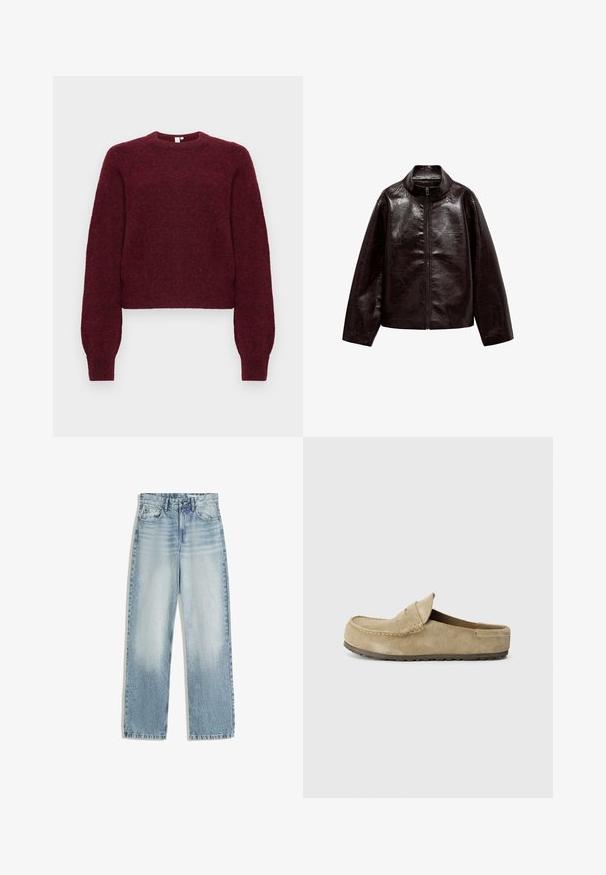 Rjava jakna iz umetnega usnja z visokim ovratnikom, popolnim zadrgo in gladko, sijočo teksturo. Ima sproščen kroj in dolge rokave.; Burgundska volnena mešanica pulover s kretnico in dolgimi rokavi ter rebrastimi manšetami in robom.; Svetlo modra kavbojka, visoko pasovana, s ravnim krojem hlač. Značilnosti vključujejo klasičen pet-pocket stil in subtilno bledenje spredaj.; Birkenstock NAPLES WRAPPED LEVE TAUPEN - REGULAR - Natikači - taupe