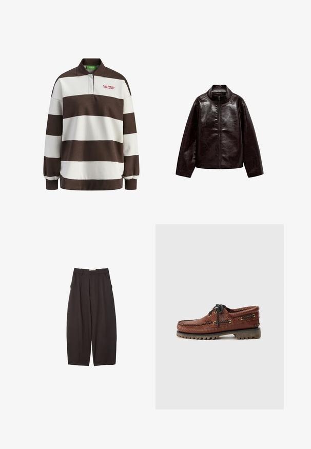 Hnědá koženka s vysokým límcem, plným zipem a hladkým, lesklým povrchem. Má uvolněný střih a dlouhé rukávy.; Hnědo-bílý pruhovaný svetr s límečkem, na kterém je vyšitý nápis "SAN DIEGO California 1975" v červené barvě. Měkký bavlněný materiál.; Černé široké kalhoty vyrobené z hladkého materiálu, s vysokým pasem, předními sklady a bočními kapsami. Jednoduchý design bez ozdob.; Hnědé kožené lodní boty s texturovaným svrškem, černým šněrováním a zlatými očka. Obsahují odolnou, vroubkovanou gumovou podrážku.