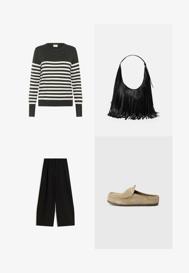 Brun faux læderjakke med høj krave, fuld lynlås lukning og en glat, blank overflade. Har en afslappet pasform og lange ærmer.; Stribet sweater i mørkegrå og hvid, rund hals, lange ærmer, med horisontale striber og ribbede manchetter og kant. Blødt strikket materiale.; Sorte bredbenede bukser lavet af glat stof, med høj talje, læg foran, og uden synlige dekorationer eller mønstre.; Birkenstock NAPLES WRAPPED LEVE TAUPEN - REGULAR - Slip-on sandaler - taupe; Sort lædertaske med frynse-detaljer, buet form og en enkelt skulderrem. Glat tekstur med et overordnet minimalistisk design.