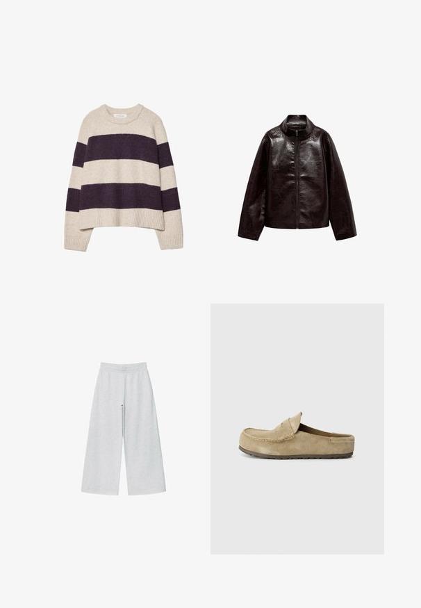 Bruine neplederen jas met een hoge kraag, volledige ritsluiting en een gladde, glanzende textuur. Beschikt over een ontspannen pasvorm en lange mouwen.; Crème en donkerpaarse gestreepte trui met een ronde hals, geribbelde zoom en een zachte textuur, met brede horizontale strepen in verschillende breedtes.; Lichtgrijze wijde broek van zacht materiaal met een elastische tailleband. Het ontwerp heeft een losse pasvorm voor comfort en bewegingsvrijheid.; Birkenstock NAPLES WRAPPED LEVE TAUPEN - REGULAR - Muiltjes - taupe