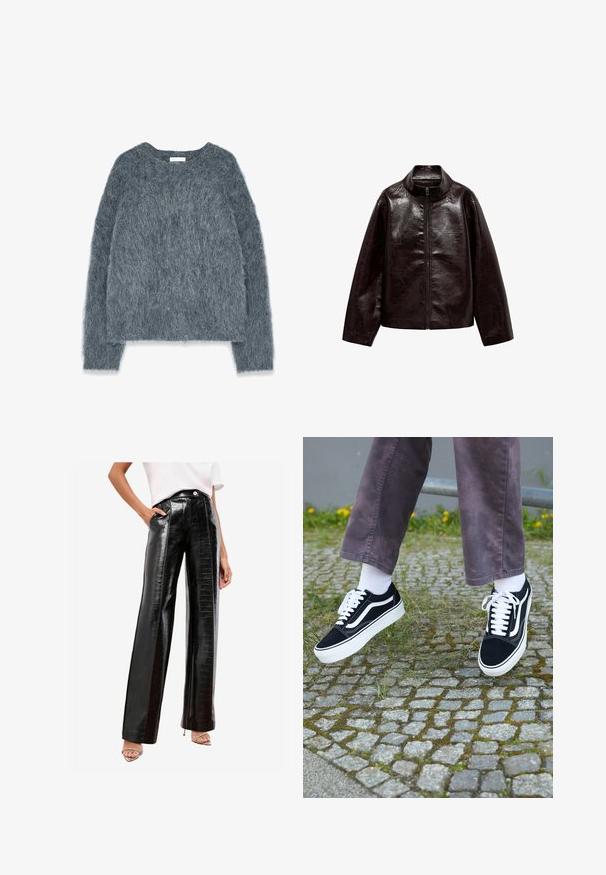 Giacca in finta pelle marrone con colletto alto, chiusura con cerniera completa e una superficie liscia e lucida. Presenta una vestibilità comoda e maniche lunghe.; Maglione grigio testurizzato con una vestibilità ampia, maniche lunghe e scollatura larga. Materiale morbido e peloso con una leggera lucentezza. Nessun motivo o accento prominente.; Pantaloni neri a vita alta realizzati in finta pelle lucida, caratterizzati da un motivo a coccodrillo, tasche laterali e design a gamba dritta.; Sneaker in suede nero con dettagli bianchi, caratterizzati da una punta arrotondata, suola spessa bianca e design classico con lacci, indossati con calze bianche e pantaloni viola.