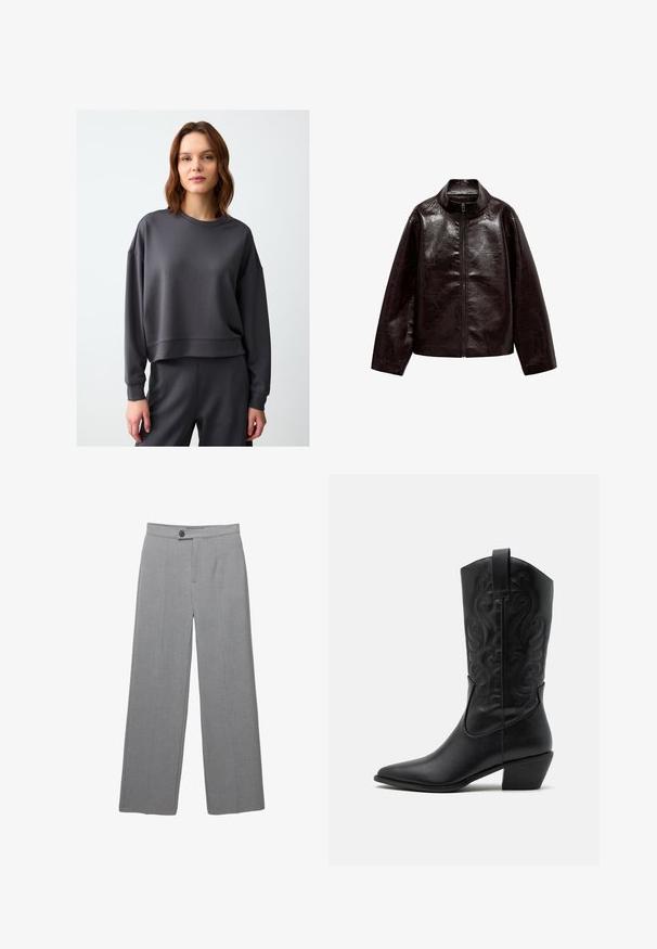 Giacca in finta pelle marrone con colletto alto, chiusura con cerniera completa e una superficie liscia e lucida. Presenta una vestibilità comoda e maniche lunghe.; Felpa grigia scura con vestibilità ampia, scollo a rotondo e maniche lunghe. Realizzata in un tessuto morbido e liscio con orlo leggermente accorciato.; Pantaloni grigi su misura con gamba ampia, frontale piatto e texture sottile. Presentano una chiusura a un bottone e linee pulite.; Stivale da cowboy in pelle nera con punta affusolata, motivi ondulati in rilievo e tacco di altezza media. Dotato di un pratico passante per indossarlo facilmente.