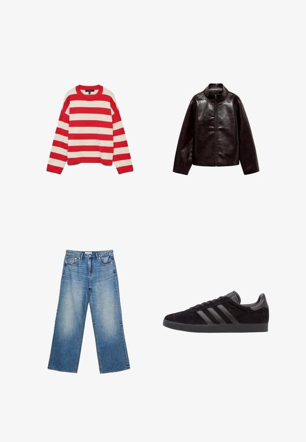 Giacca in finta pelle marrone con colletto alto, chiusura con cerniera completa e una superficie liscia e lucida. Presenta una vestibilità comoda e maniche lunghe.; Maglione a righe rosse e crema, tessuto lavorato a maglia, scollo rotondo, maniche lunghe, spalle cadenti, polsini e orlo a coste, vestibilità ampia.; Jeans in denim blu a gamba ampia con lavaggio chiaro, dotati di cinque tasche, chiusura con bottone e cuciture a vista lungo le cuciture.; Sneaker nere in suede con suole in gomma testurizzata, dotate di tre strisce in pelle nera, punta arrotondata e collo imbottito alla caviglia.